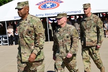 Brig. Gen. Kevin Vereen, outgoing U.S. Army Recruiting Command Deputy Commanding General - Operations, Maj. Gen. Frank Muth USAREC Commanding General, and incoming USAREC DCG-O,  Col. Patrick Michaelis prepare for the change of command Ceremony that was held today at USAREC Headquarters at Fort Knox.