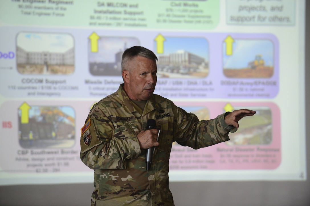 GALVESTON, Texas (June 13, 2019)- Lt. Gen. Todd Semonite holds a town hall during his visit to the USACE Galveston District to discuss his vision for revolutionizing the Corps. During his visit he presented commander's coins to recognize individuals for their dedicated service. U.S. Army Corps of Engineers photo taken by Paco Hamm.