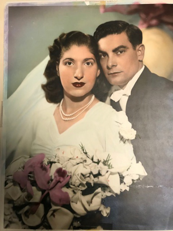 Aida Bonsonto with her husband Gerald “Jerry” Bonsonto pose for a photo, circa 1946. Bonsonto’s wedding dress was made from a parachute, that was sent home to her by Army medic “Jerry” Bonsonto who served with the 82nd Airborne Division during World War II.