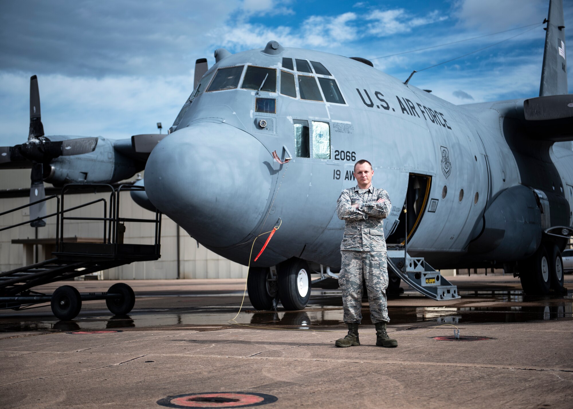 Staff Sgt. Aaron Williams, 365th Training Squadron mobility air force integrated communication, countermeasure and navigation systems apprentice course student, poses for a picture at Sheppard Air Force Base, Texas, June 6, 2019. Williams became the first student to receive the ACE award for the combined com/nav and electronic warfare course after receiving a 100% on all 23 of the block tests and performance checks. (U.S. Air Force photo by Airman 1st Class Pedro Tenorio)