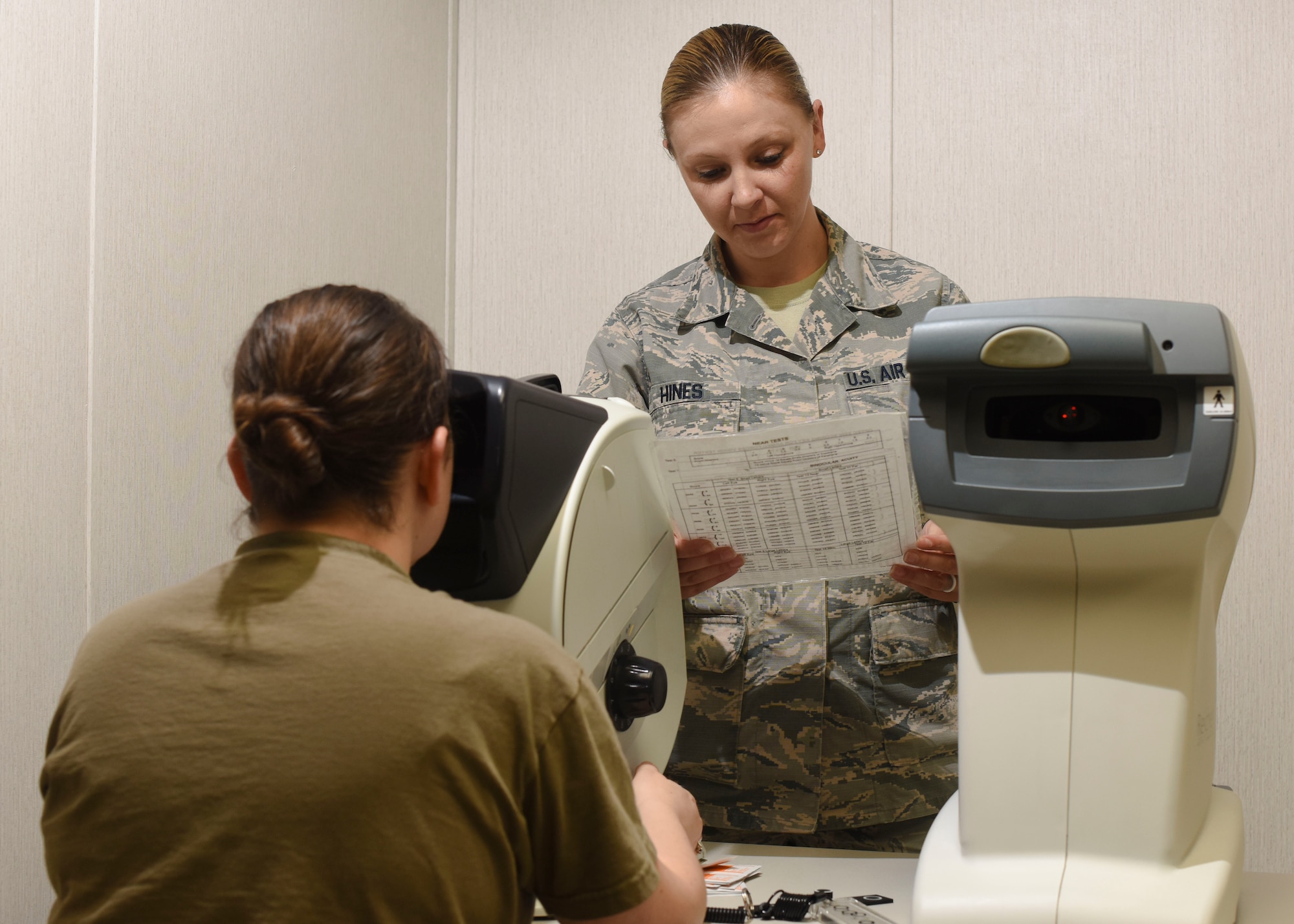 U.S. Air Force Staff Sgt. Leslie Hines, 325th Medical Group flight medicine technician, performs an eye inspection June 6, 2019, at Tyndall Air Force Base, Florida.