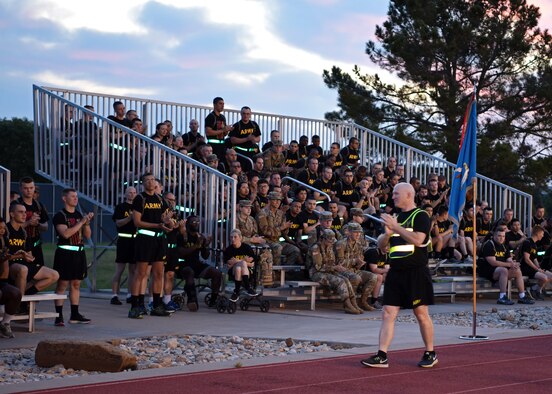 The winners of the Army Birthday PT Challenge are announced at the end of the challenge with much applause and cheering at the Mathis Fitness Center on Goodfellow Air Force Base, Texas, June 14, 2019. The noncommissioned officers took home first place and gained bragging rights over their troops. (U.S. Air Force photo by Airman 1st Class Ethan Sherwood/Released)