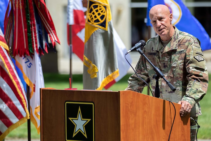 Maj. Gen. David C. Coburn, U.S. Army Financial Management Command commanding general, delivers an address during a ceremony celebrating both the 244th Army birthday and the 244th birthday of the Army Finance Corps at the Maj. Gen. Emmett J. Bean Federal Center in Indianapolis June 14, 2019. More than 100 Soldiers, Airmen and civilian employees from USAFMCOM and the Defense Finance and Accounting Service were on hand for the ceremony. (U.S. Army photo by Mark R. W. Orders-Woempner)