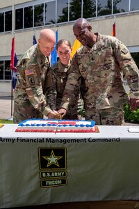 Maj. Gen. David C. Coburn, U.S. Army Financial Management Command commanding general, left; Spc. Kayla Adkins, 384th Military Police Company, center; and Command Sgt. Maj. Courtney Ross, USAFMCOM command sergeant major, cut a birthday cake during a ceremony celebrating both the 244th Army birthday and the 244th birthday of the Army Finance Corps at the Maj. Gen. Emmett J. Bean Federal Center in Indianapolis June 14, 2019. It is an Army tradition that the youngest Soldier available at an Army birthday celebration help the commander and sergeant major cut a cake, and Adkins was the youngest at 22 years old. (U.S. Army photo by Mark R. W. Orders-Woempner)