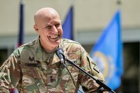 Maj. Gen. David C. Coburn, U.S. Army Financial Management Command commanding general, delivers an address during a ceremony celebrating both the 244th Army birthday and the 244th birthday of the Army Finance Corps at the Maj. Gen. Emmett J. Bean Federal Center in Indianapolis June 14, 2019. More than 100 Soldiers, Airmen and civilian employees from USAFMCOM and the Defense Finance and Accounting Service were on hand for the ceremony. (U.S. Army photo by Mark R. W. Orders-Woempner)