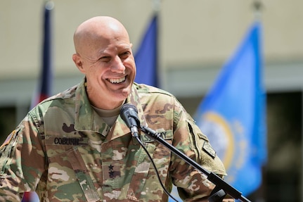 Maj. Gen. David C. Coburn, U.S. Army Financial Management Command commanding general, delivers an address during a ceremony celebrating both the 244th Army birthday and the 244th birthday of the Army Finance Corps at the Maj. Gen. Emmett J. Bean Federal Center in Indianapolis June 14, 2019. More than 100 Soldiers, Airmen and civilian employees from USAFMCOM and the Defense Finance and Accounting Service were on hand for the ceremony. (U.S. Army photo by Mark R. W. Orders-Woempner)