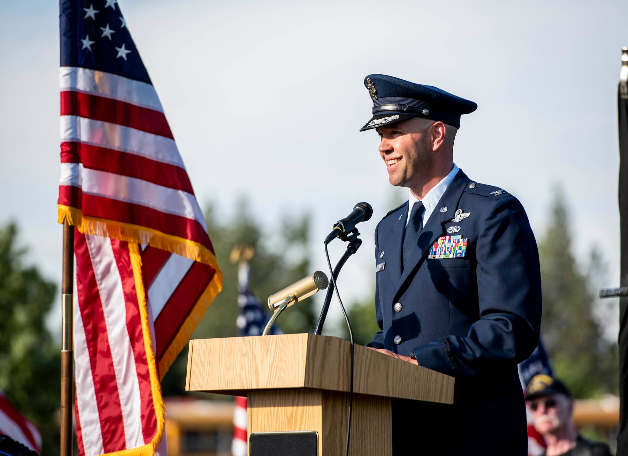 Col. Larry Gardner, commander of the 141st Air Refueling Wing, addresses attendees during the opening ceremony for “The Moving Wall,” a half-size replica of the Vietnam Memorial that stands in Washington D.C., June 13, 2019 in Medical Lake, Wash. The Moving Wall travels throughout the country to bring the experience of visiting the memorial to those who may not have the opportunity to travel to the nation’s capital. The display will be in Medical Lake June 13-17 at the 200 block of South Prentis St. (U.S. Air National Guard photo by Staff Sgt. Rose M. Lust/Released)