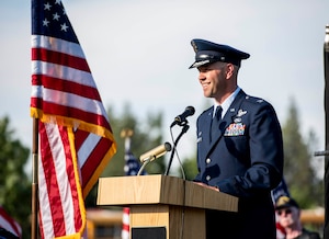 Col. Larry Gardner, commander of the 141st Air Refueling Wing, addresses attendees during the opening ceremony for “The Moving Wall,” a half-size replica of the Vietnam Memorial that stands in Washington D.C., June 13, 2019 in Medical Lake, Wash. The Moving Wall travels throughout the country to bring the experience of visiting the memorial to those who may not have the opportunity to travel to the nation’s capital. The display will be in Medical Lake June 13-17 at the 200 block of South Prentis St. (U.S. Air National Guard photo by Staff Sgt. Rose M. Lust/Released)