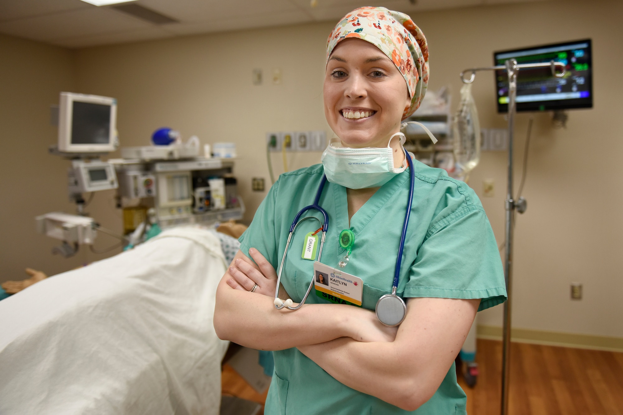 U.S. Air Force Capt. Kaitlyn Newkirk, a clinical nurse assigned to the Ohio Air National Guard’s 180th Fighter Wing, poses for a portrait March 18, 2019, at Grant Medical Center in Columbus, Ohio. As a clinical nurse, she draws blood, gives shots, and teaches self-aid and buddy care to all 180FW Airmen to ensure they have the skills to provide life-saving first aid during the often chaotic and high-stress situations they might face in deployed environments.