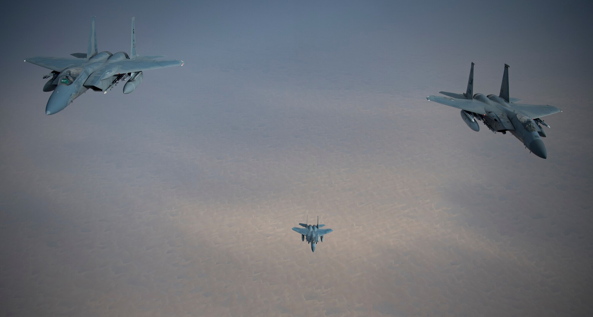 A photo of US and Saudi Air Forces F-15s flying together.