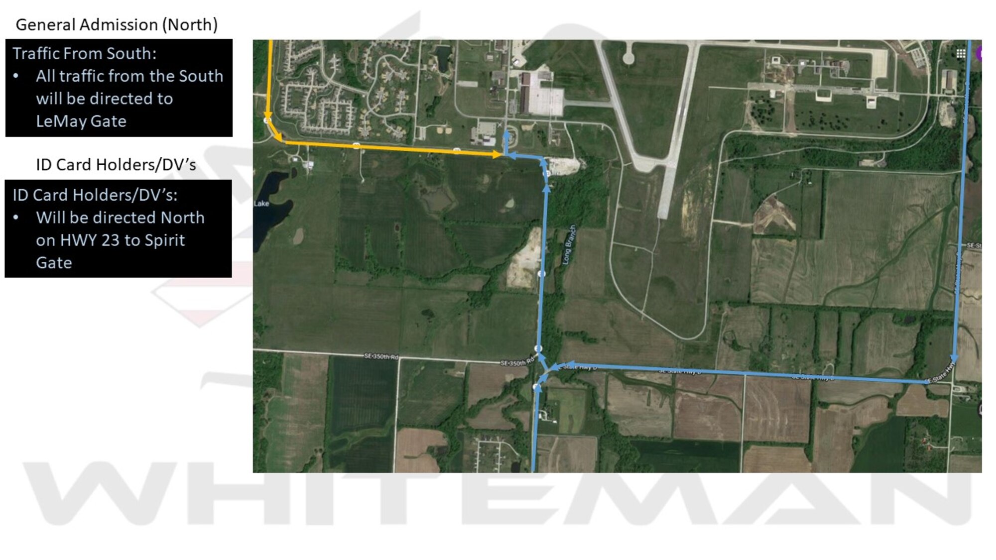 Spectators may enter through the North/Knob Noster/Arnold Gate and the South/Lemay Gate.  
The Main/Spirit Gate will ONLY be available to individuals with current military ID cards.