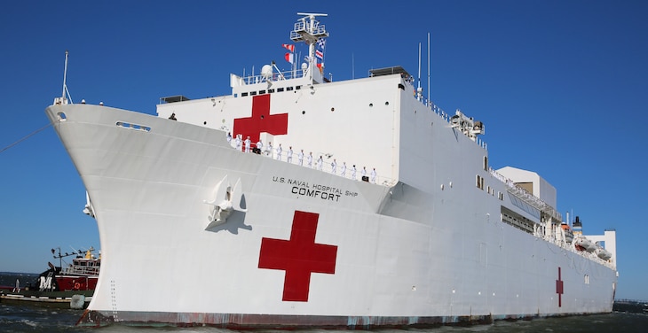 U.S. Navy Hospital Ship USNS Comfort (T-AH 20) gets underway from Naval Station Norfolk, June 14.
