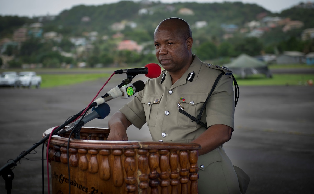 Mr. Colin John, Commissioner of Police (St. Vincent and the Grenadines), addresses the audience during the opening ceremony for phase two of Exercise TRADEWINDS