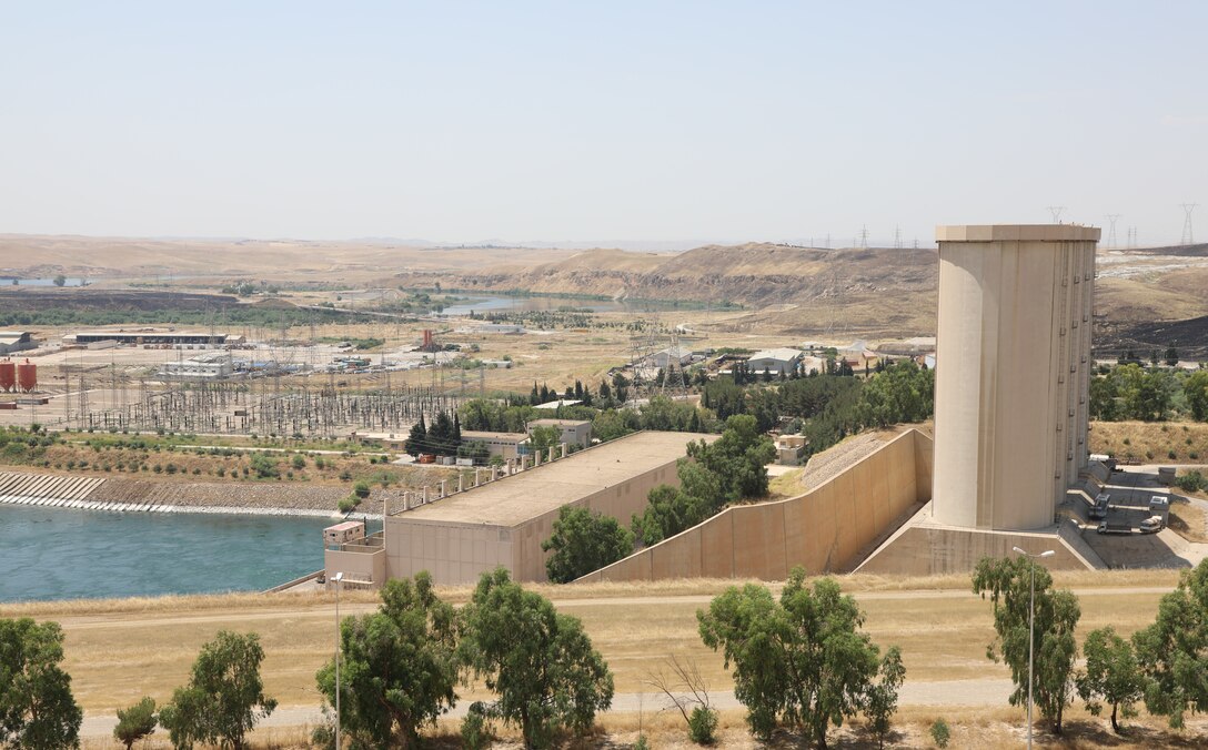 View of the Mosul Dam hydropower towers, located along the Tigris River outside Mosul City in Iraq.
