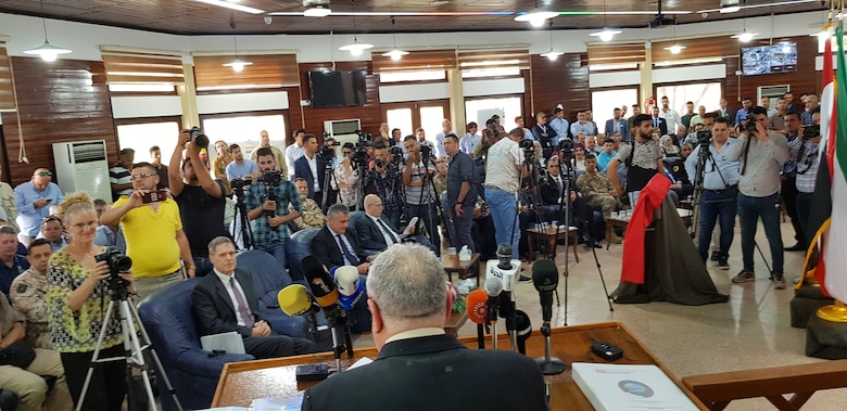 Iraq Minister of Water Resources Jamal Abbas al-Adili speaks to media, dignitaries from the U.S. and Italian Embassies, and U.S. Army Corps of Engineers, Italian and Iraqi employees during a ceremony June 15, 2019, in Mosul, Iraq, held to commemorate the completion of USACE's work supporting the Mosul Dam Project. The Mosul Dam Project started in 2016 as a joint project among the Iraq Ministry of Water Resources, USACE, and Italian Company Trevi S.p.A. in an effort to stabilize the infrastructure of the Mosul Dam. The Dam, which is the largest in Iraq, and the fourth largest in the Middle East, supplies water, hydropower, irrigation and flood control to the region. USACE's Mosul Dam Task Force acted as "The Engineer" for the joint endeavor.