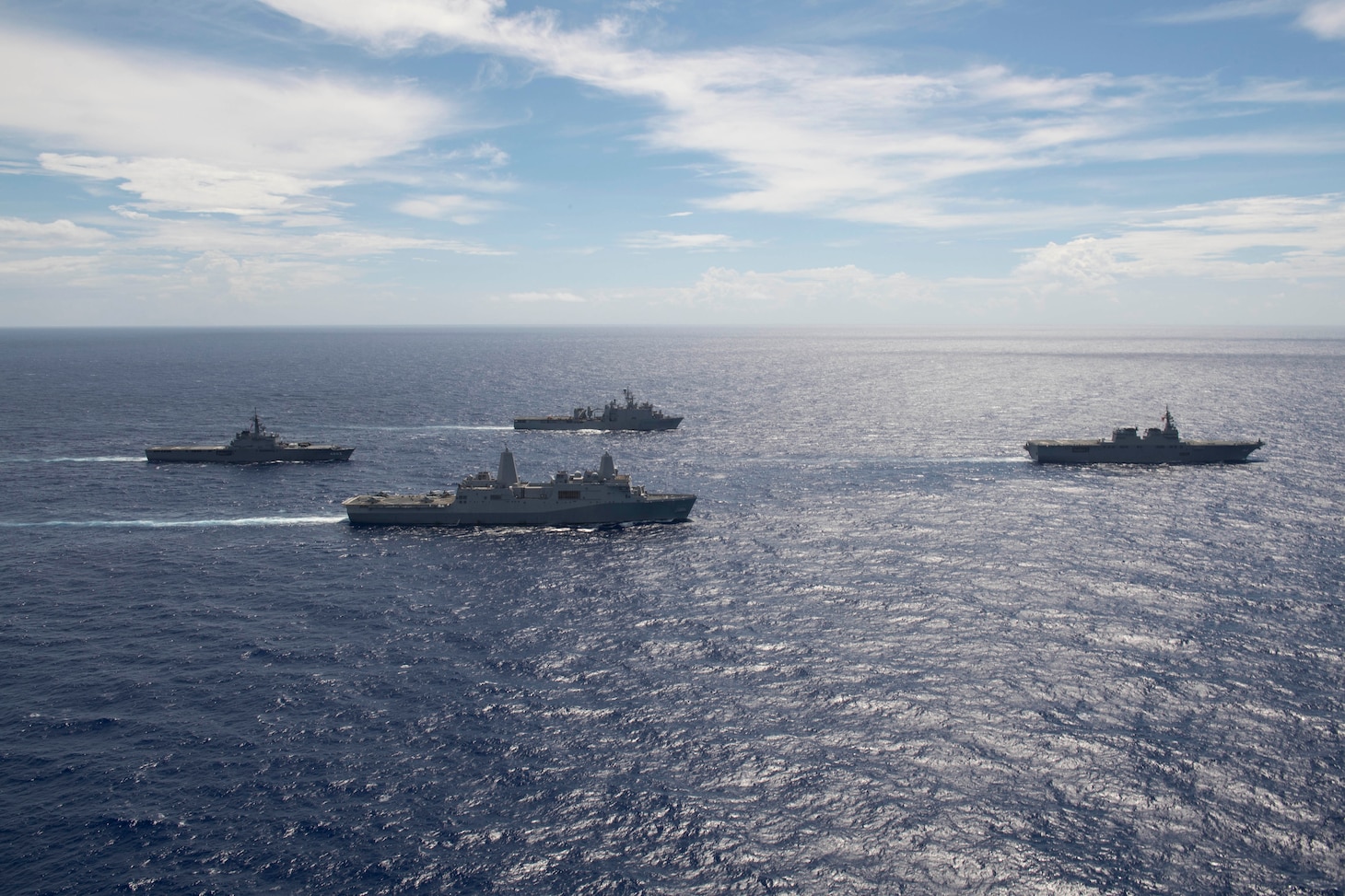 190608-N-BK435-1340 PHILIPPINE SEA (June 8, 2019) – The San Antonio-Class amphibious transport dock USS Green Bay (LPD 20) and Whidbey Island-Class dock landing ship USS Ashland (LSD 48) take part in a photo exercise (PHOTOEX) with Japanese helicopter destroyer JS Ise (DDH-182) and Ousumi-Class tank landing ship JS Kunisaki (LST 4003) during a bilateral transit.  The Wasp Amphibious Ready Group is transiting with JS Ise and JS Kunisaki in the U.S. 7th Fleet area of operations.