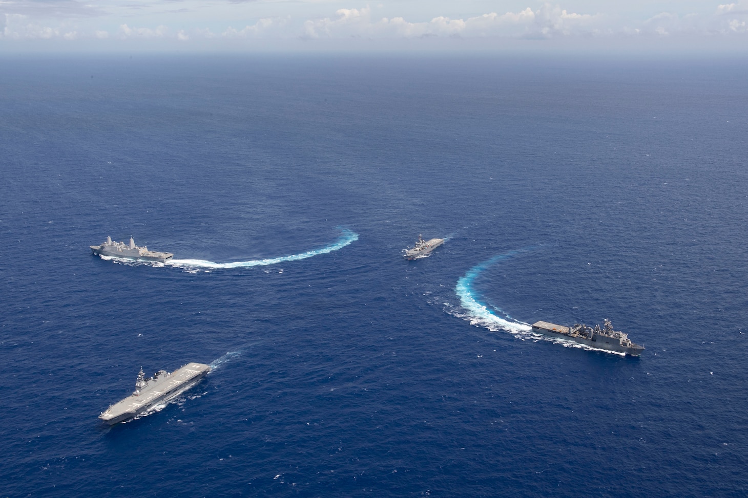190608-N-BK435-2001 PHILIPPINE SEA (June 8, 2019) – The San Antonio-Class amphibious transport dock USS Green Bay (LPD 20) and Whidbey Island-Class dock landing ship USS Ashland (LSD 48) break out of formation in a photo exercise (PHOTOEX) with Japanese helicopter destroyer JS Ise (DDH-182) and Ousumi-Class tank landing ship JS Kunisaki (LST 4003) during a bilateral transit.  The Wasp Amphibious Ready Group is transiting with JS Ise and JS Kunisaki in the U.S. 7th Fleet area of operations.