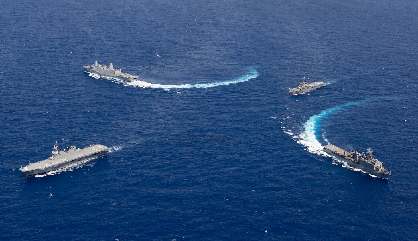 190608-N-BK435-2015 PHILIPPINE SEA (June 8, 2019) – The San Antonio-Class amphibious transport dock USS Green Bay (LPD 20) and Whidbey Island-Class dock landing ship USS Ashland (LSD 48) break out of formation in a photo exercise (PHOTOEX) with Japanese helicopter destroyer JS Ise (DDH-182) and Ousumi-Class tank landing ship JS Kunisaki (LST 4003) during a bilateral transit.  The Wasp Amphibious Ready Group is transiting with JS Ise and JS Kunisaki in the U.S. 7th Fleet area of operations.