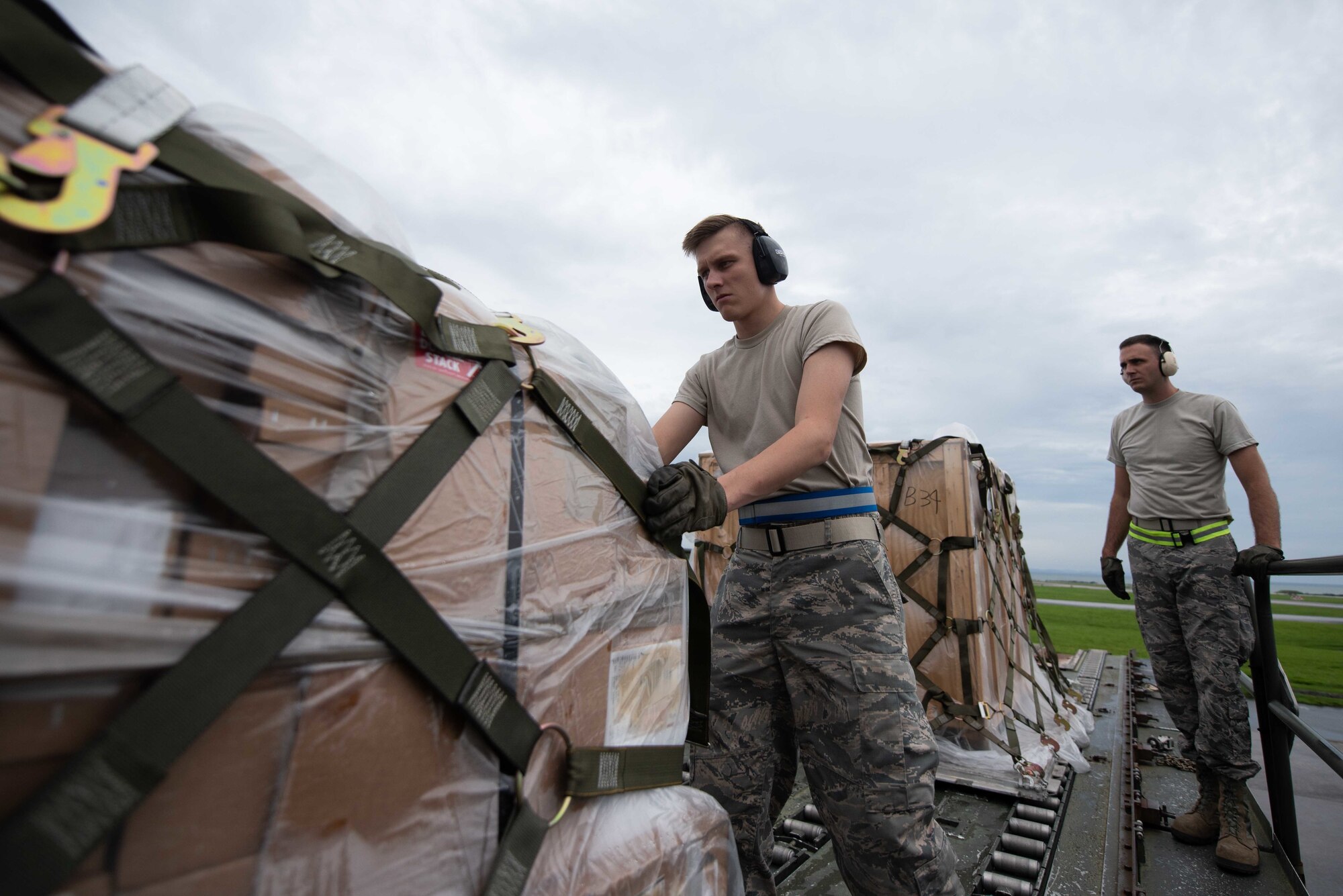 U.S. Air Force Airmen assigned to the 139th Logistics Readiness Squadron pose for a photo on a Boeing 747 during annual field training June 11, 2019, at Kadena Air Base, Japan. As an Air National Gaurd unit, the 139th LRS maintains a capable, ready force to support aerial port operations for both Federal and state mission sets. (U.S. Air Force photo by Senior Airman Kristan Campbell)