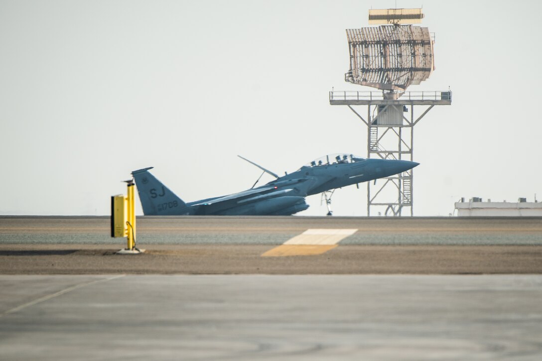 An F-15E Strike Eagle deployed from the 4th Fighter Wing at Seymour Johnson Air Force Base, North Carolina, lands at Al Dhafra Air Base, United Arab Emirates, June 13, 2019. F-15E’s are designed to perform in air-to-air and air-to ground operations in any environment. (U.S. Air Force photo by Staff Sgt. Chris Thornbury)