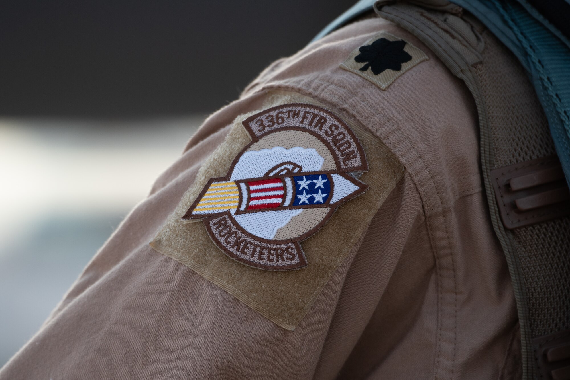 A 336th Fighter Squadron patch is displayed on an F-15E Strike Eagle pilot, June 13, 2019, at Al Dhafra Air Base, United Arab Emirates. The 336th FS deployed from Seymour Johnson Air Force Base, North Carolina, to join Team ADAB’s diverse inventory of air power. (U.S. Air Force photo by Staff Sgt. Chris Thornbury)
