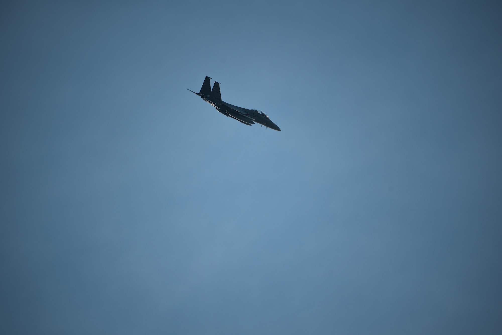An F-15E Strike Eagle deployed from the 4th Fighter Wing at Seymour Johnson Air Force Base, North Carolina, flies above Al Dhafra Air Base, United Arab Emirates, June 14, 2019. F-15E’s are designed to perform in air-to-air and air-to ground operations in any environment. (U.S. Air Force photo by Staff Sgt. Chris Thornbury)