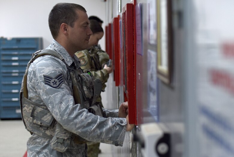 Tech. Sgt. Jones, 39th Security Forces Squadron Delta Flight sergeant, observes an Airman clearing his weapon before guard mount April 4, 2019, at Incirlik Air Base, Turkey. The 39th SFS Airmen perform these safety checks after receiving their weapon and before turning it back in to ensure it is safe to handle. (U.S. Air Force photo by Staff Sgt. Trevor Rhynes)