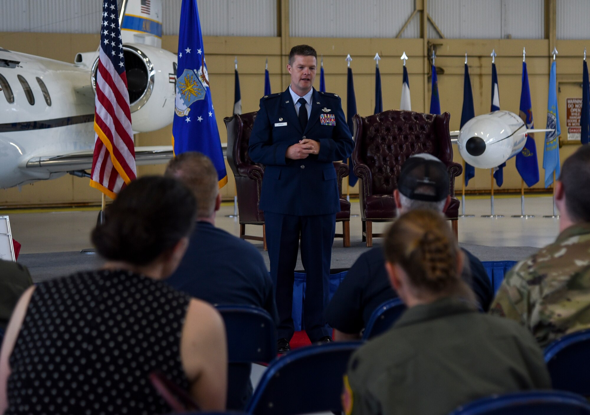 Lt. Col. Royce Lippert, 457th Airlift Squadron commander, speaks to past and present members during an inactivation ceremony for the 457th AS at Joint Base Andrews, Maryland, June 14, 2019. The unit was inactivated as part of a consolidation effort of the C-21 inventory to Scott Air Force Base, Ill. (U.S. Air Force photo by Senior Airman Chad Gorecki)