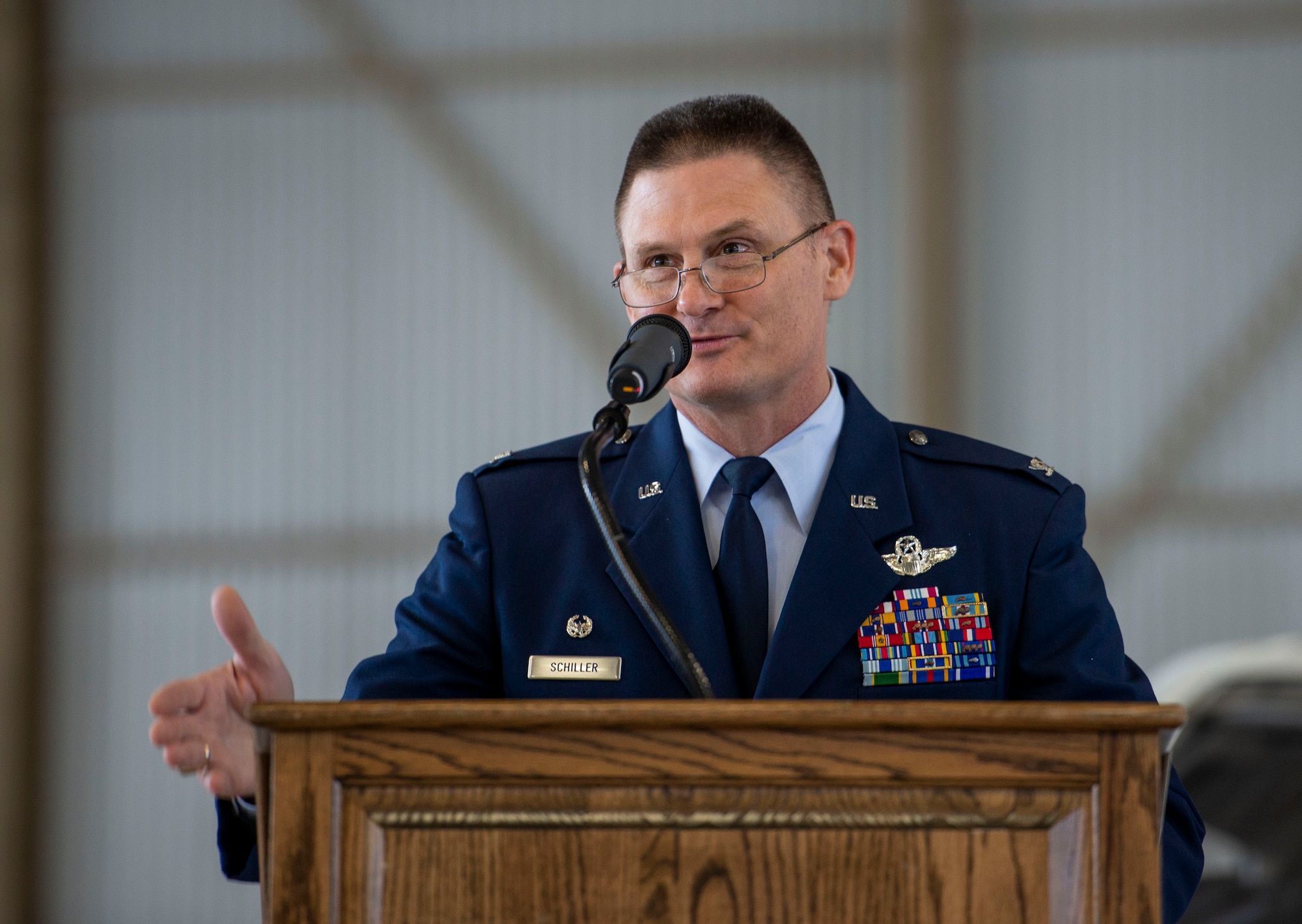 Col. Kevin Schiller, 375th Operations Group commander, speaks during the 457th Airlift Squadron inactivation ceremony at Joint Base Andrews, Maryland, June 14, 2019.  The unit was inactivated as part of a consolidation effort of the C-21 inventory. The last of the four C-21s located at Andrews will arrive at Scott Air Force Base on June 18 to make a total of 14 C-21s. (U.S. Air Force photo by Senior Airman Chad Gorecki)