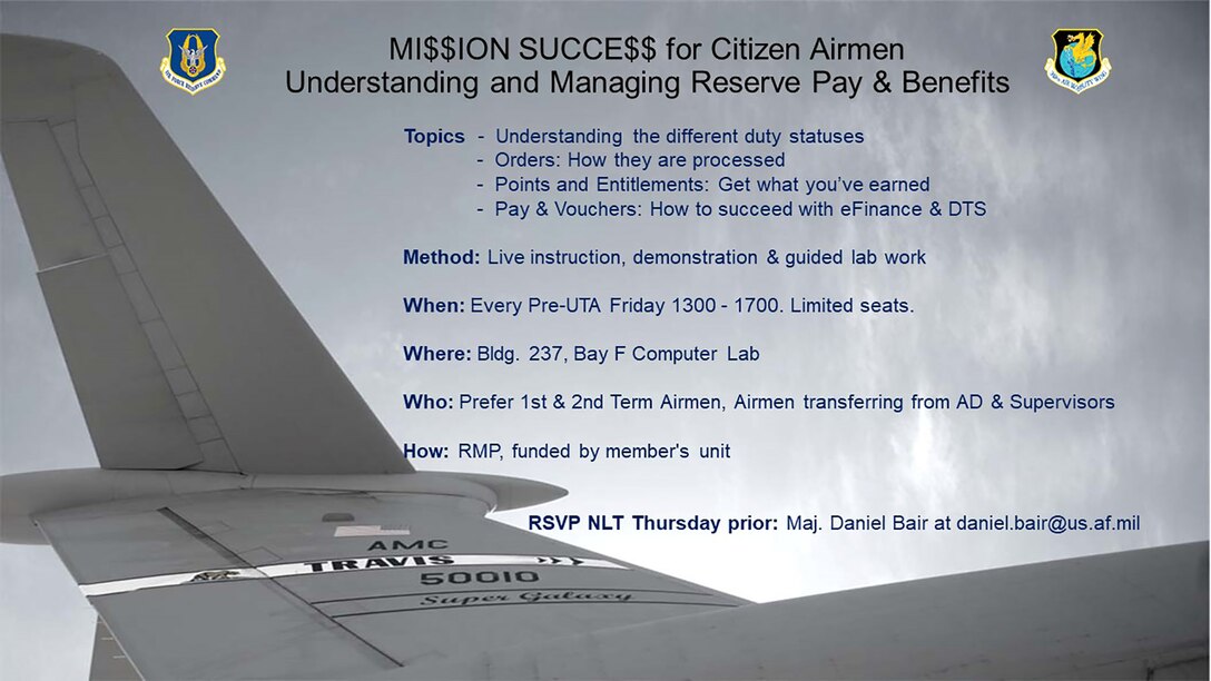 This class is to be held each Friday prion to the UTA, 1-5 p.m., Bldg. 237, Bay F and is geared for 1st and 2nd term Airmen, newly gained members, and Supervisors.