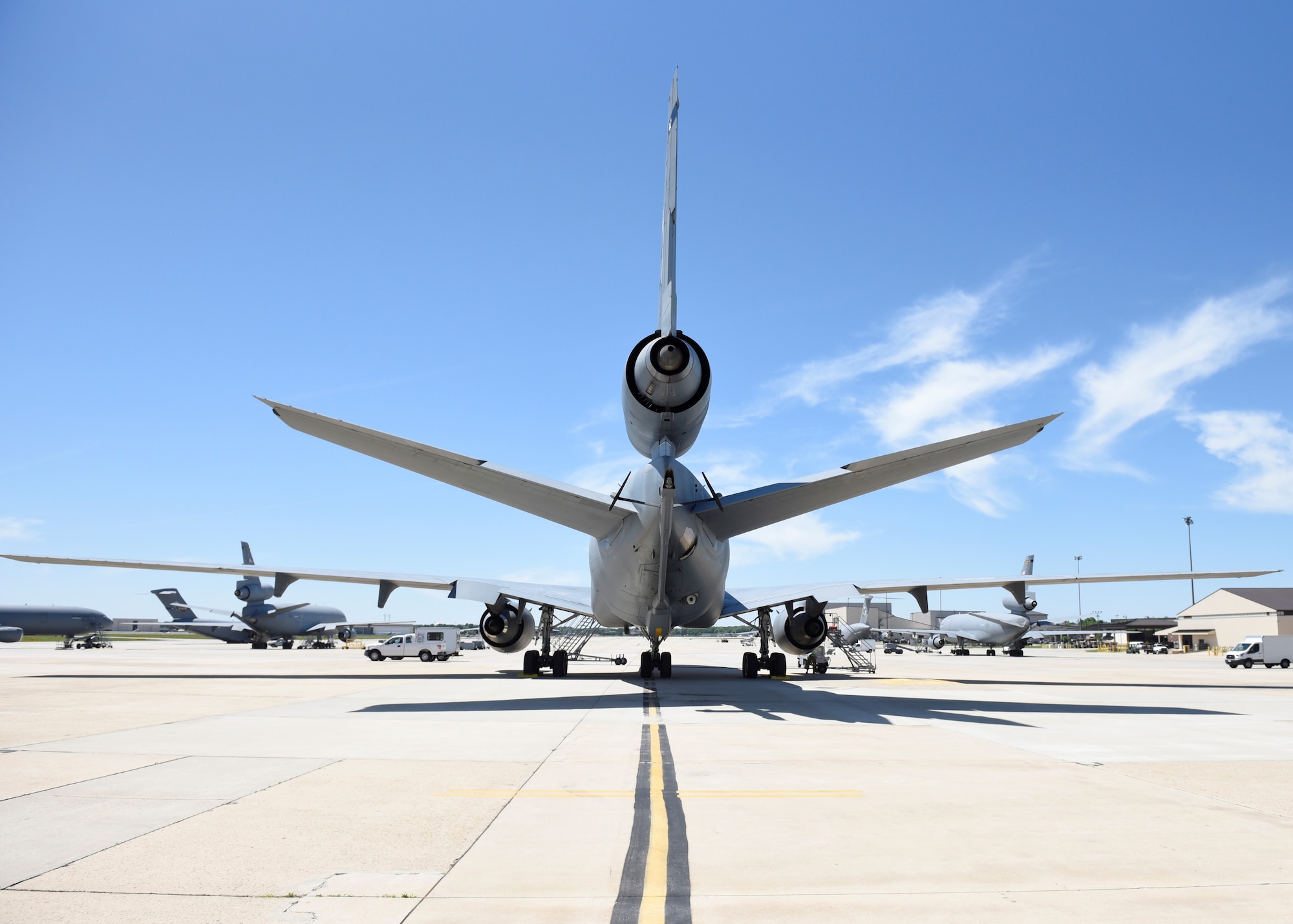 A KC-10 Extender sits on the ramp at Joint Base McGuire-Dix-Lakehurst awaiting its next mission, May 21, 2019. The 514th’s mission is to recruit, train and sustain Reserve Citizen Airmen to fly, fight and win, and enhance our nation’s air mobility capability. (Photo by U.S. Air Force 1st Lt. Katie Mueller)