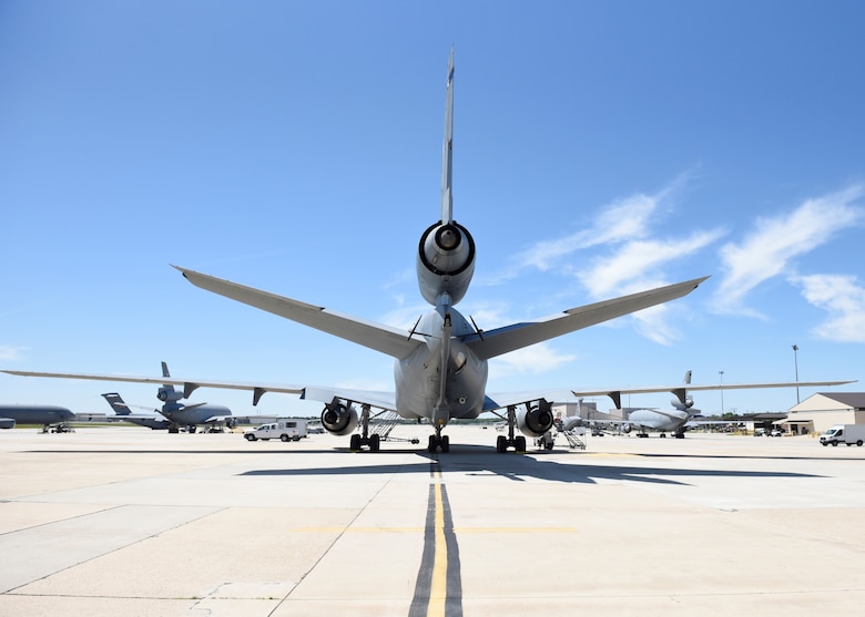 A KC-10 Extender sits on the ramp at Joint Base McGuire-Dix-Lakehurst awaiting its next mission, May 21, 2019. The 514th’s mission is to recruit, train and sustain Reserve Citizen Airmen to fly, fight and win, and enhance our nation’s air mobility capability. (Photo by U.S. Air Force 1st Lt. Katie Mueller)