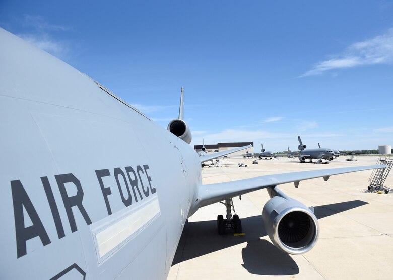 KC-10 Extenders sit on the ramp at Joint Base McGuire-Dix-Lakehurst, May 21, 2019, awaiting their next missions. The 514th’s mission is to recruit, train and sustain Reserve Citizen Airmen to fly, fight and win, and enhance our nation’s air mobility capability. (Photo by U.S. Air Force 1st Lt. Katie Mueller)