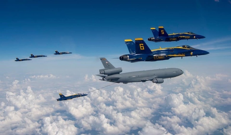 The 78th Air Refueling Squadron, 514th Air Mobility Wing, Joint Base McGuire-Dix-Lakehurst, N.J., conducted a coronet mission to provide centerline drogue air refueling for U.S. Navy Flight Demonstration Squadron, the Blue Angels May 8, 2019. A reserve squadron in the U.S. Air Force, the 78th ARS worked with the Blue Angels to demonstrate the excellence required to upkeep global and national security. (U.S. Air Force photo by Senior Airman Ruben Rios)