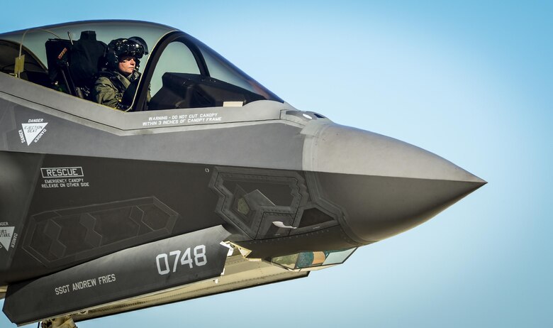 An Air Force F-35 Lightning II pilot prepares to refuel Dec. 12, 2013, at Eglin Air Force Base, Fla. The F-35 is a fifth-generation fighter, combining advanced stealth with fighter speed and agility, fully fused sensor information, network-enabled operations and advanced sustainment. (U.S. Air Force photo/Senior Airman Christopher Callaway)