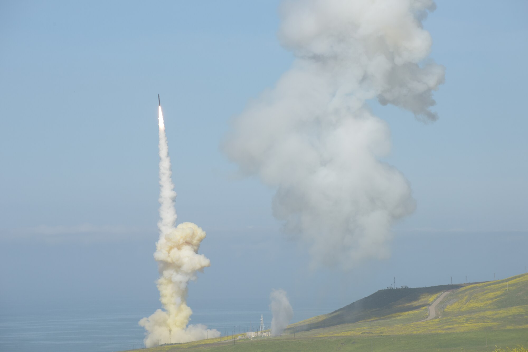 The 'trail' Ground-based Interceptor (GBI) launches from Vandenberg Air Force Base, California, March 25, in the first-ever salvo engagement test of a threat-representative Intercontinental Ballistic Missile target. The AEDC 10-foot vacuum chamber at Arnold Air Force Base provided mission simulation capability for interceptor and its kill vehicle sensors. The chamber is able to characterize sensor performance in a space environment against simulated operational scenarios.  (Courtesy photo/Missile Defense Agency)
