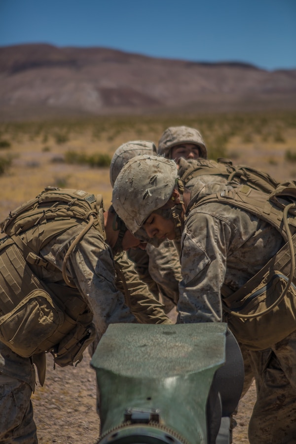 U.S. Marines with November Battery, 5th Battalion, 14th Marine Regiment, 4th Marine Division, prepare an M777 howitzer before a fire mission at Gays Pass during Integrated Training Exercise 4-19 at the Marine Corps Air Ground Combat Center, Twentynine Palms, Calif., June 14, 2019. Marine Forces Reserve units participate in ITX to both complete annual training requirements and to increase unit readiness and proficiency. (U.S. Marine Corps photo by Lance Cpl. Preston L. Morris)