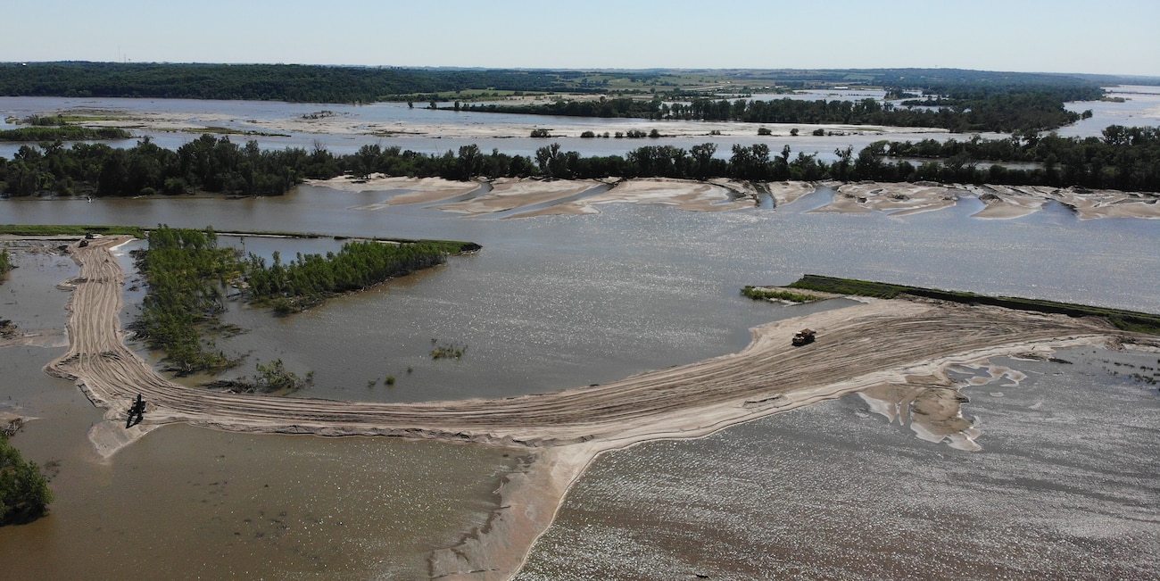 Image shows initial breach closure at Levee L611-614 June 12, 2019.