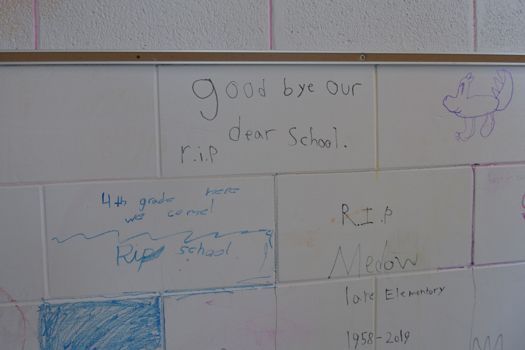 Student artwork and drawings decorate the wall of the former Meadow Lane Elementary School June 14, 2019, in Goldsboro, North Carolina.