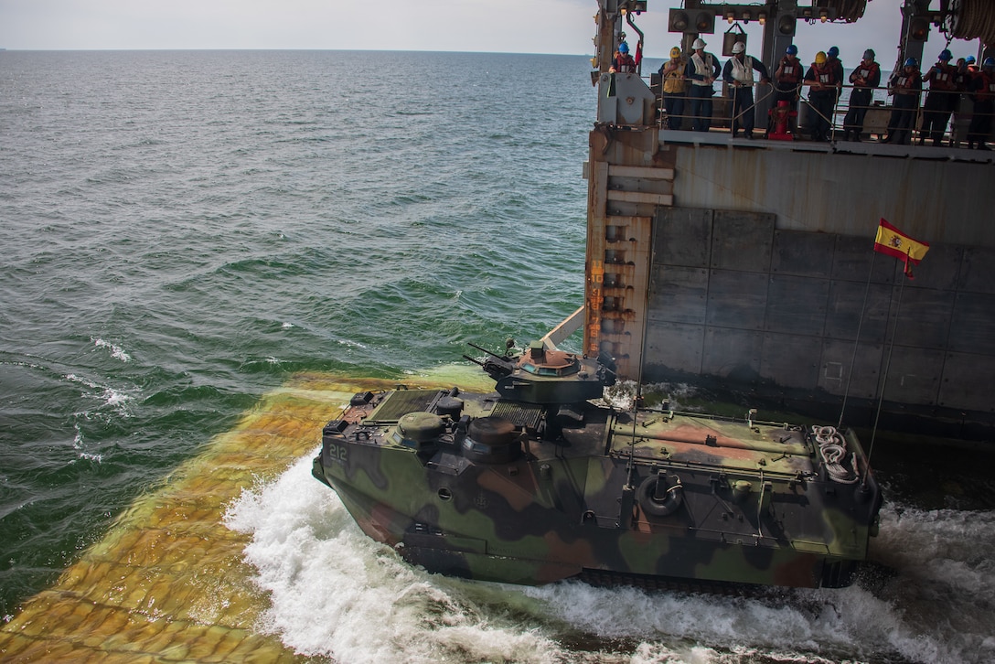 A Spanish Marine amphibious assault vehicle disembarks the well deck of the Whidbey Island-class amphibious dock landing ship USS Fort McHenry for an exercise. The Marines are part of the international forces participating in the Baltic Operations 2019 exercise. BALTOPS is an annual joint, multinational maritime-focused exercised. It is designed to improve training for participants, enhance flexibility and interoperability, and demonstrate resolve among allied and partner forces in defending the Baltic Sea region.
