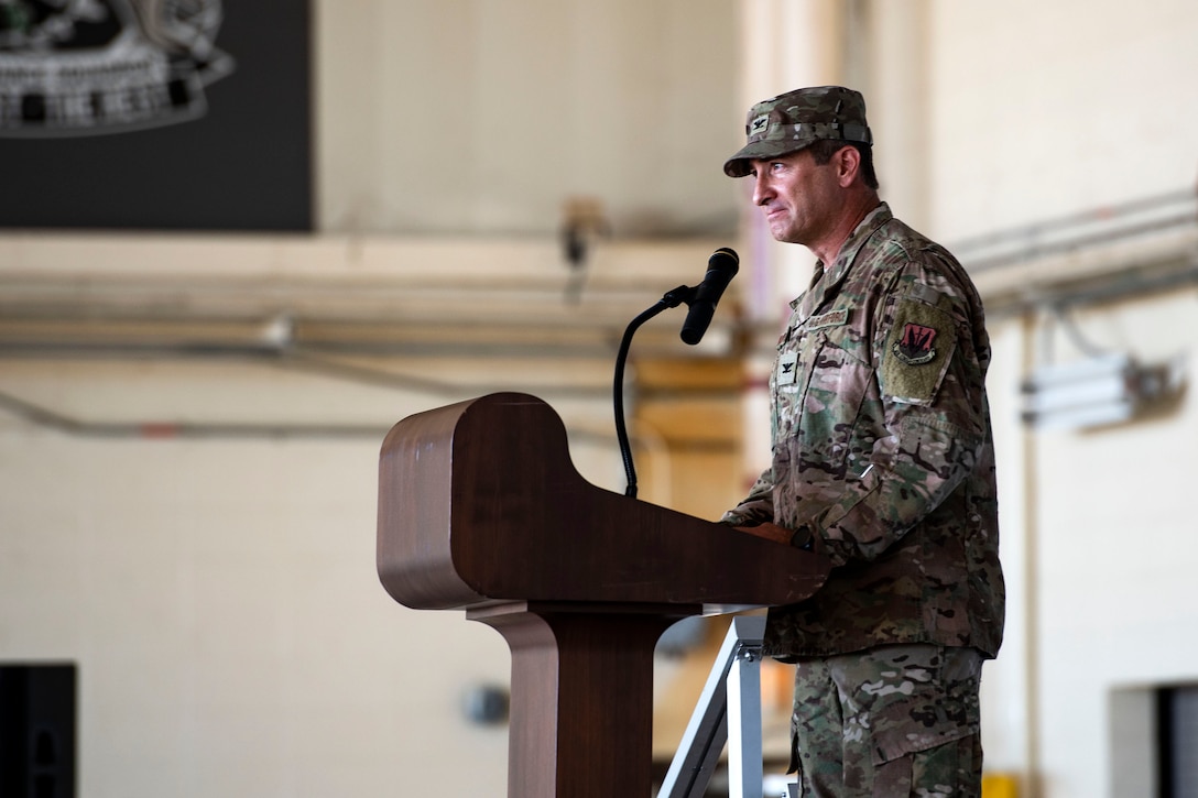 Col. John Chastain, 23d Maintenance Group commander, speaks during a change of command, June 17, 2019, at Moody Air Force Base, Ga. After being the commander for multiple squadrons within the Air Force maintenance community through various major commands, Chastain will be retiring today after more than 26 years of service to the nation and the Air Force. (U.S. Air Force photo by Senior Airman Erick Requadt)