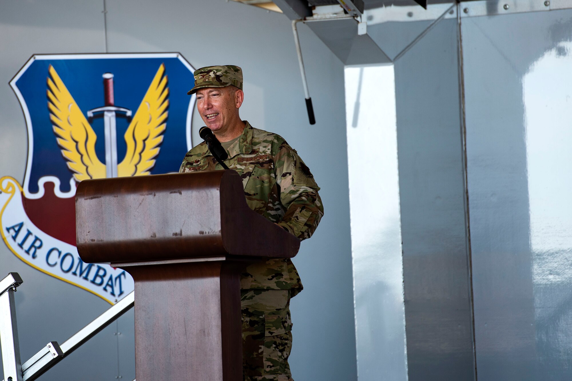 Col. Stephen Harvey, 23d Maintenance Group (MXG) commander, speaks during a change of command ceremony, June 17, 2019, at Moody Air Force Base, Ga. Harvey will now be responsible for more than 1,800 maintenance professionals who make up the legendary “Flying Tigers” MXG, leading the charge in providing effective maintenance on more than 40 critical aircraft. (U.S. Air Force photo by Senior Airman Erick Requadt)