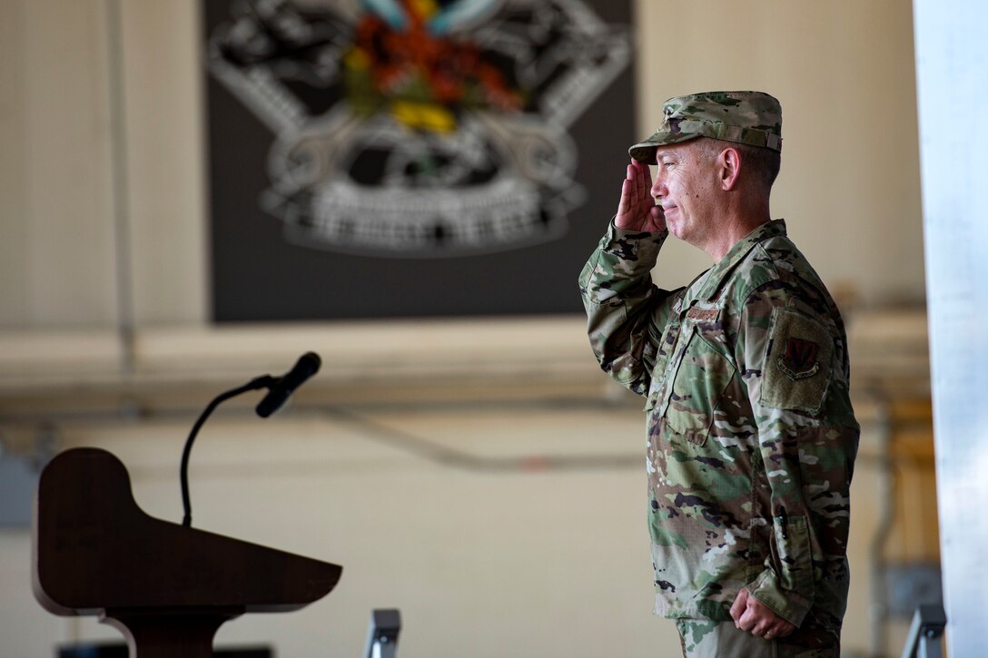 Col. Stephen Harvey, 23d Maintenance Group (MXG) commander, salutes his Airmen for the first time during a change of command, June 17, 2019, at Moody Air Force Base, Ga. Harvey will now be responsible for more than 1,800 maintenance professionals who make up the legendary “Flying Tigers” MXG, leading the charge in providing effective maintenance on more than 40 critical aircraft. (U.S. Air Force photo by Senior Airman Erick Requadt)