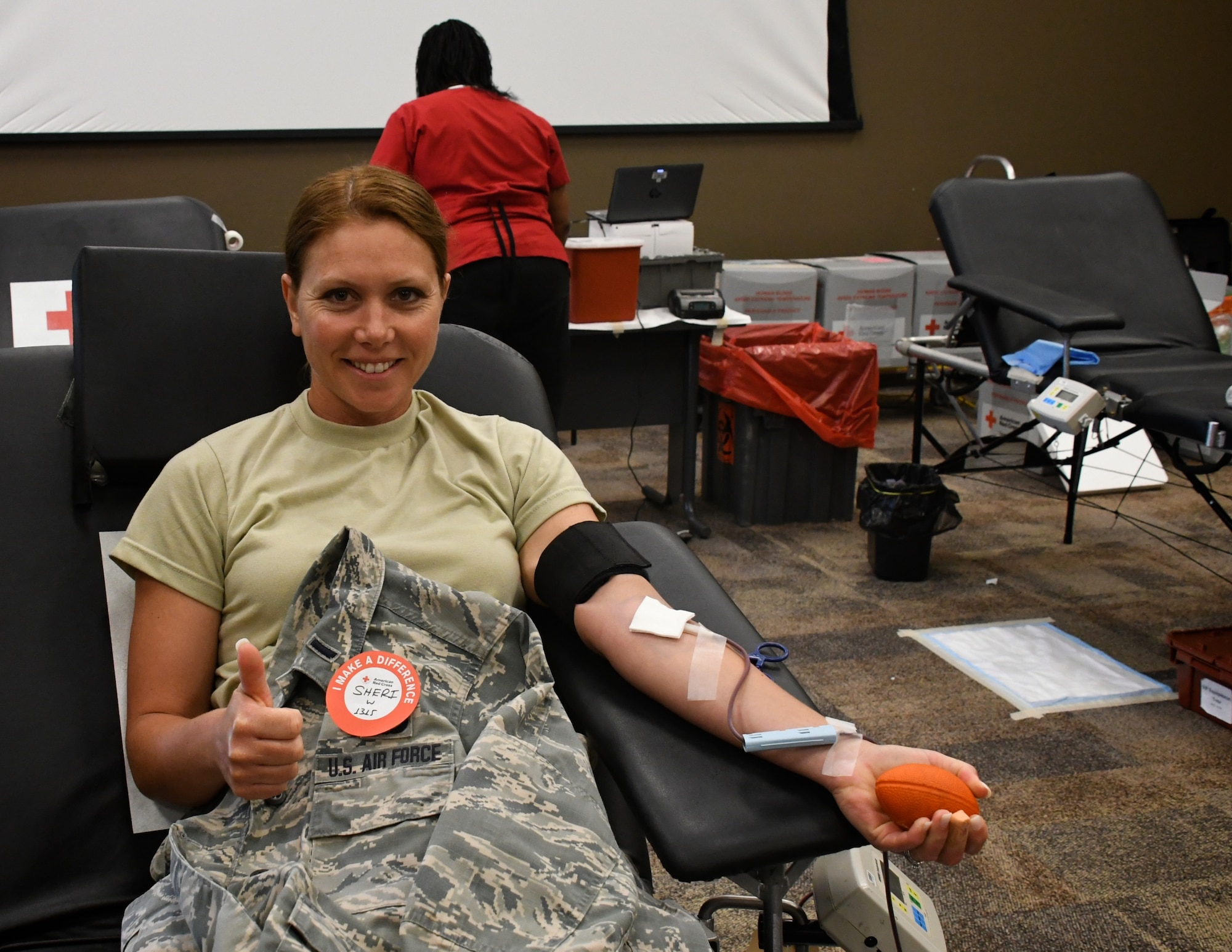 Airmen of the 932nd Airlift Wing are proud to help others in the Saint Louis region and Belleville local community. 1st Lt. Sheri Mason-Rogier, 932nd Mission Support Group executive officer, assisted the American Red Cross as they set up a blood donation center inside the 932nd Airlift Wing auditorium June 13, 2019, at Scott Air Force Base, Ill. Volunteers from the USO in Saint Louis and nearby towns also came and provided snacks and drinks for donors. Mason had no hesitations to her universally-accepted blood again.  Some donors' blood can only go to people of the exact same type, but anyone can use Mason-Rogier's, which makes it even more important.