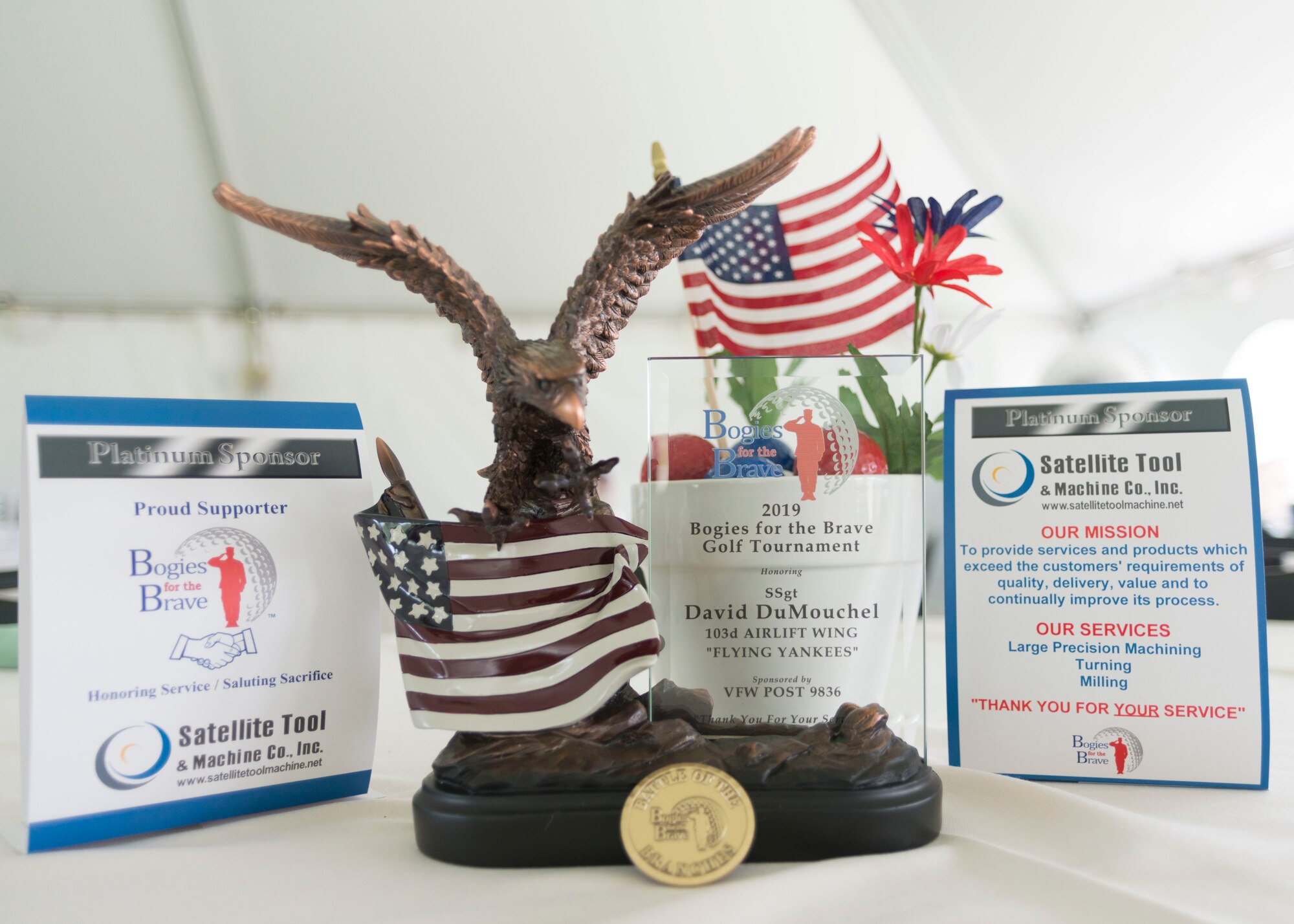Bogies for the Brave hosts a charity golf tournament June 1, 2019 at Hunter Golf Club in Meriden, Connecticut. The event raised money for Post-9/11 veterans, their families, and children of the fallen. The event was followed by a dinner where Staff Sgt. David DuMouchel was presented with a gift from the charity. (U.S. Air National Guard photo by Airman 1st Class Chanhda Ly)