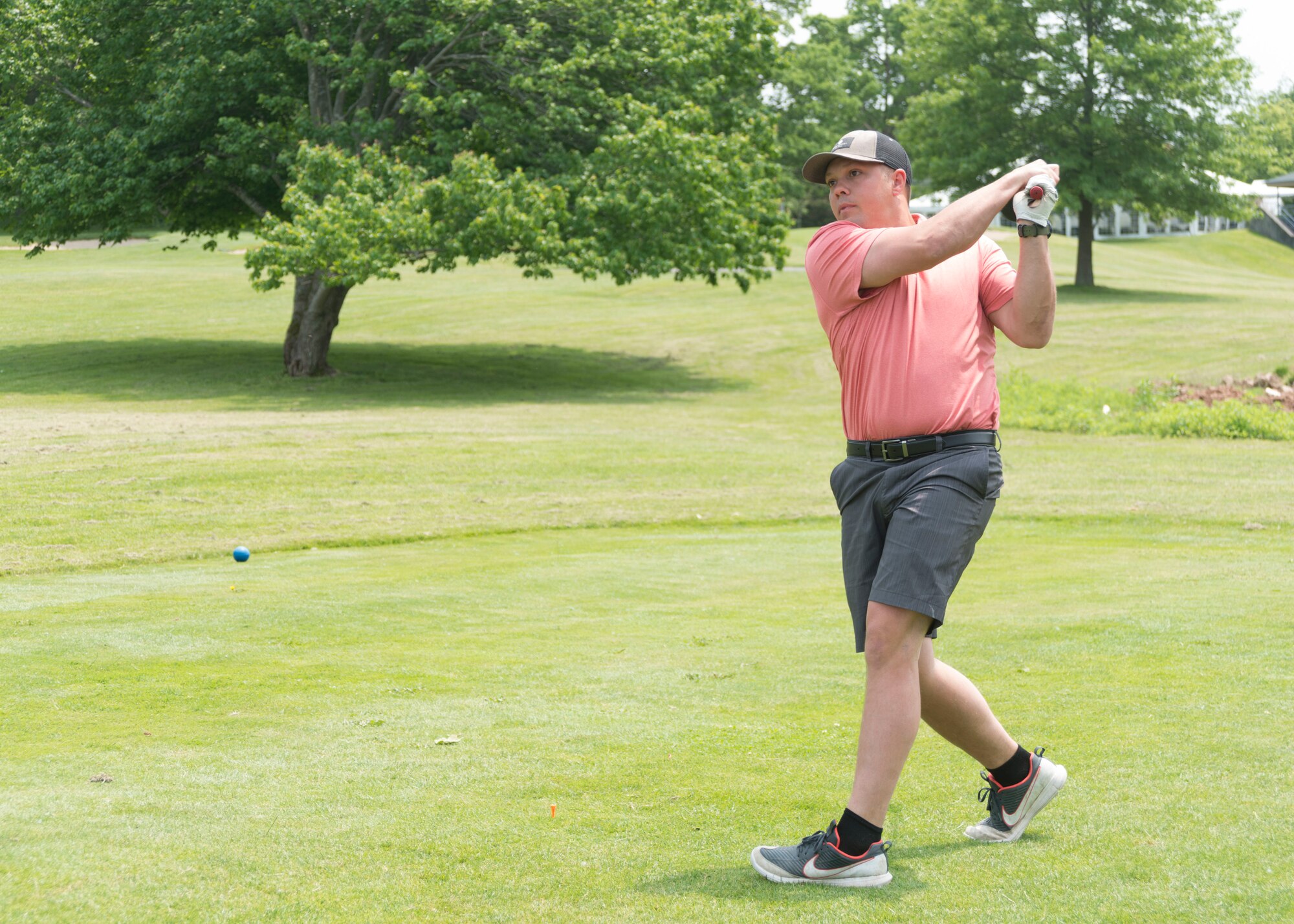 Senior Airman Eric Adamczyk of the 103rd Civil Engineer Squadron, East Granby, Connecticut, swings his golf club June 1, 2019 at the Bogies for the Brave’s golf tournament at the Hunter Golf Club in Meriden, CT. Adamczyk putted the ball into the 11th hole. The tournament was hosted by the non-profit organization Bogies for the Brave. (U.S. Air National Guard photo by Airman 1st Class Chanhda Ly)
