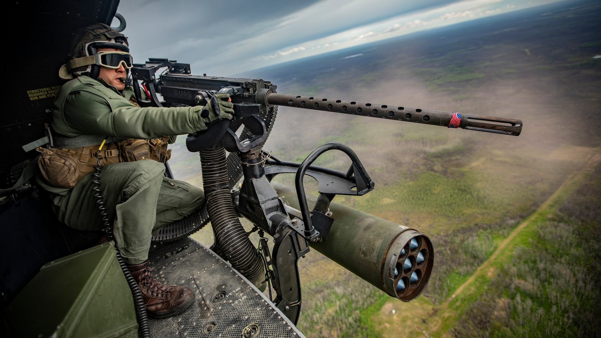 U.S. Marine Corps Sgt. Darrin Smith, a crew chief with Marine Light Attack Helicopter Squadron 775, Marine Aircraft Group 41, 4th Marine Aircraft Wing, operates a GAU-21/A during a live-fire event at Cold Lake Air Weapons Range, Alberta, Canada, June 15, 2019, in support of Sentinel Edge 19. The Marine Reserve plays a critical component to the Marine Corps’ Total Force, and training such as SE19 helps ensure Reserve units combat effectiveness and proficiency for world-wide deployment.