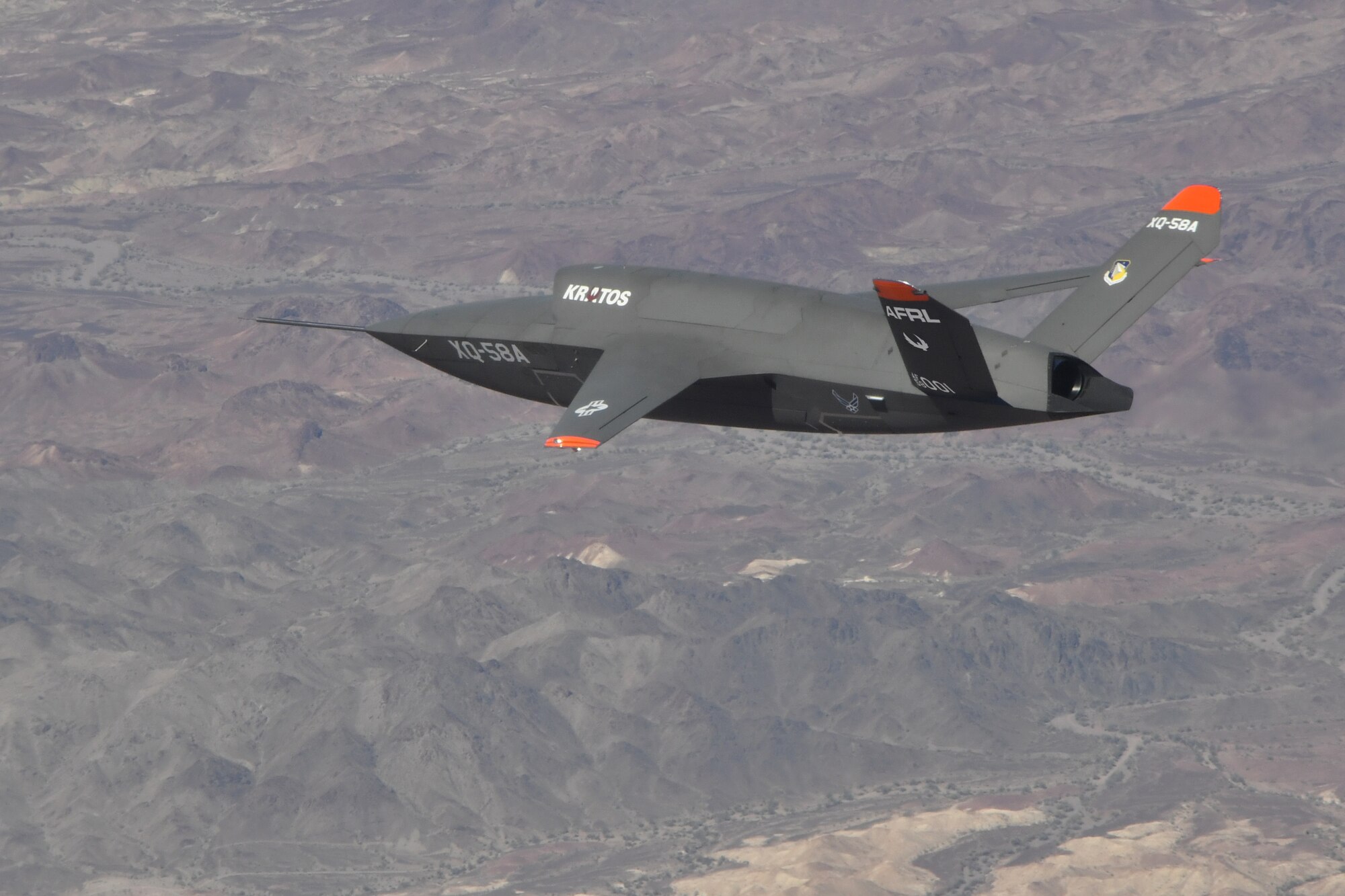 The XQ-58A Valkyrie pictured during a second test flight June 11, 2019. (U.S. Air Force photo/2nd Lt. Randolph Abaya, 586 Flight Test Squadron.)