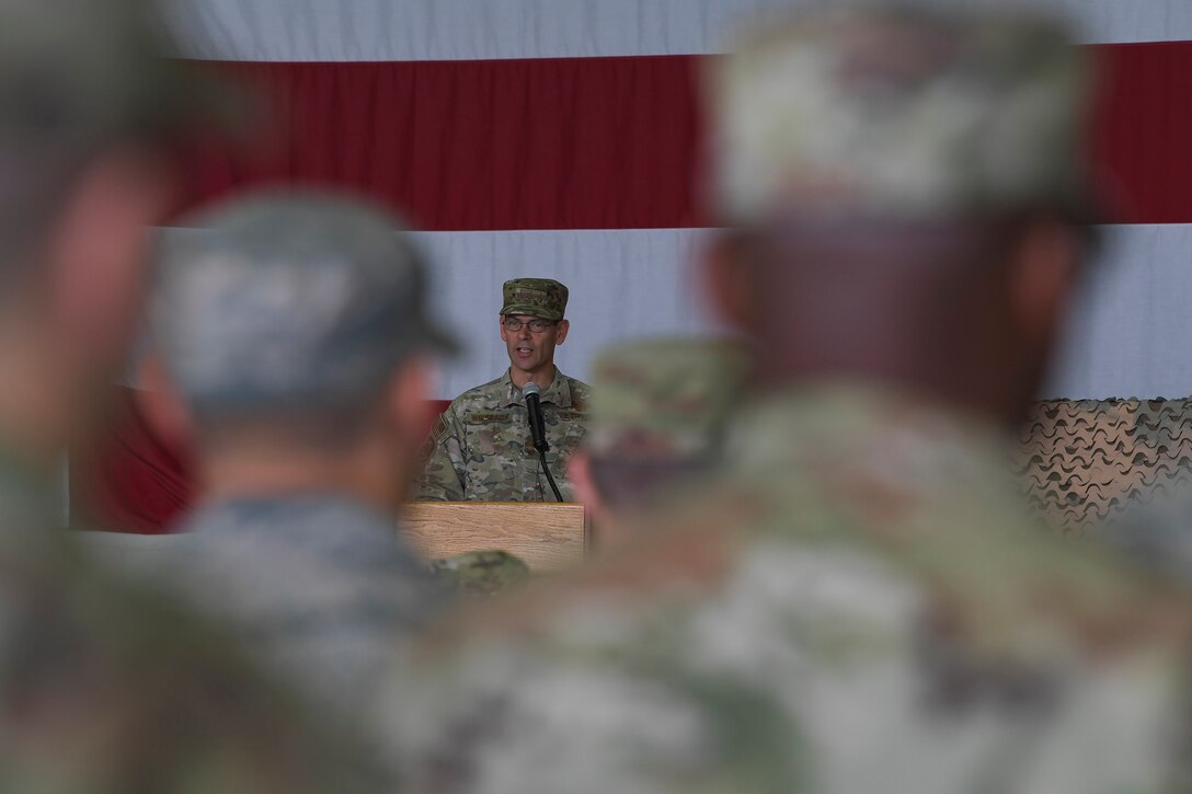 U.S. Air Force Lt. Gen. Kenneth Wilsbach, Seventh Air Force commander, highlights the 51st Fighter Wing’s distinguished history during a change of command ceremony, June 18, 2019, at Osan Air Base, Republic of Korea. U.S. Air Force Col. John Gonzales, 51st FW commander, now leads the most forward deployed wing in the world, providing combat ready forces in support of the ROK. (U.S. Air Force photo by Staff Sgt. Greg Nash)