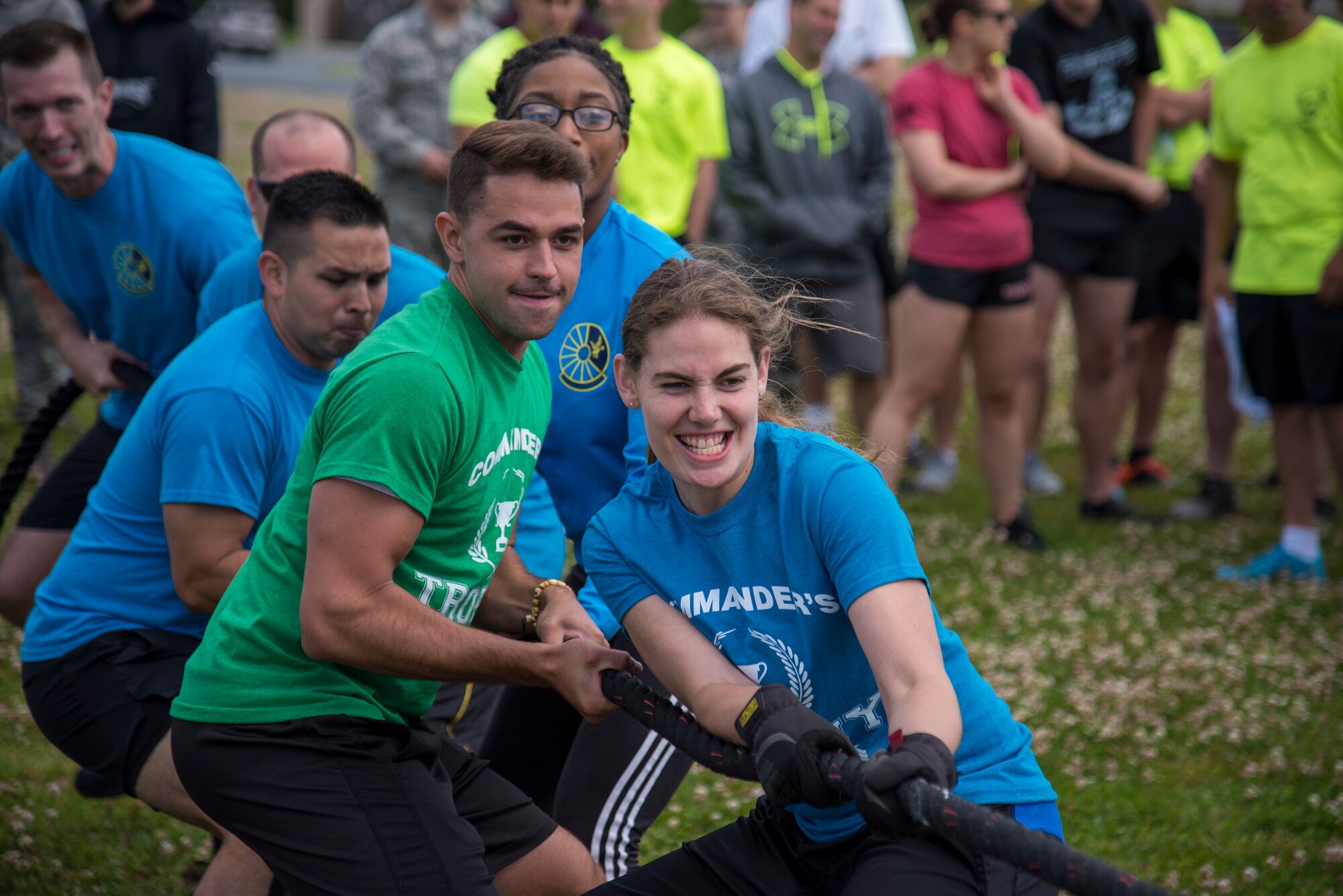 Members from the 436th Force Support Squadron participate in a game of tug-of-war June 14, 2019 at Dover Air Force Base, Del. The sports were specifically chosen to focus on combat readiness, competitiveness, teamwork and fun. (U.S. Air Force photo by A1C Jonathan Harding)